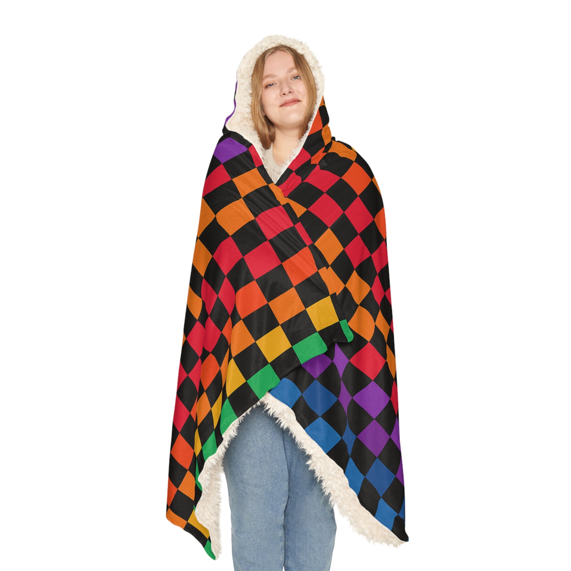 🪩 Neon Check Hooded Festival Blanket – Microfleece or Sherpa