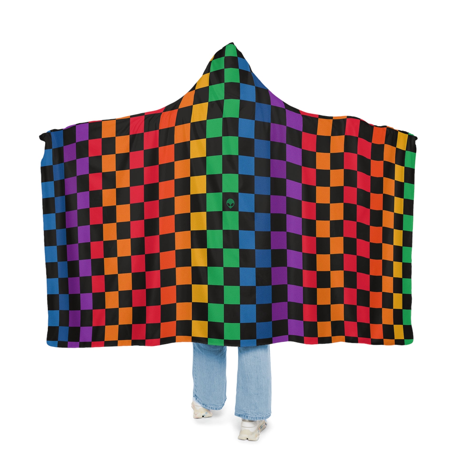 🪩 Neon Check Hooded Festival Blanket – Microfleece or Sherpa