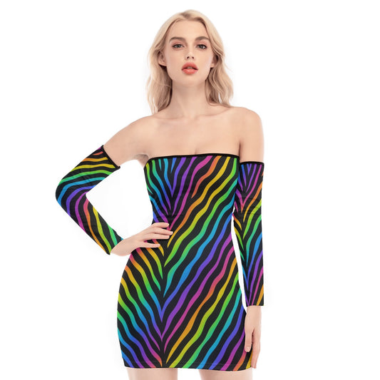 PrismPower Rainbow Back Lace-Up Dress – Rave-Ready, Off-Shoulder Fierceness