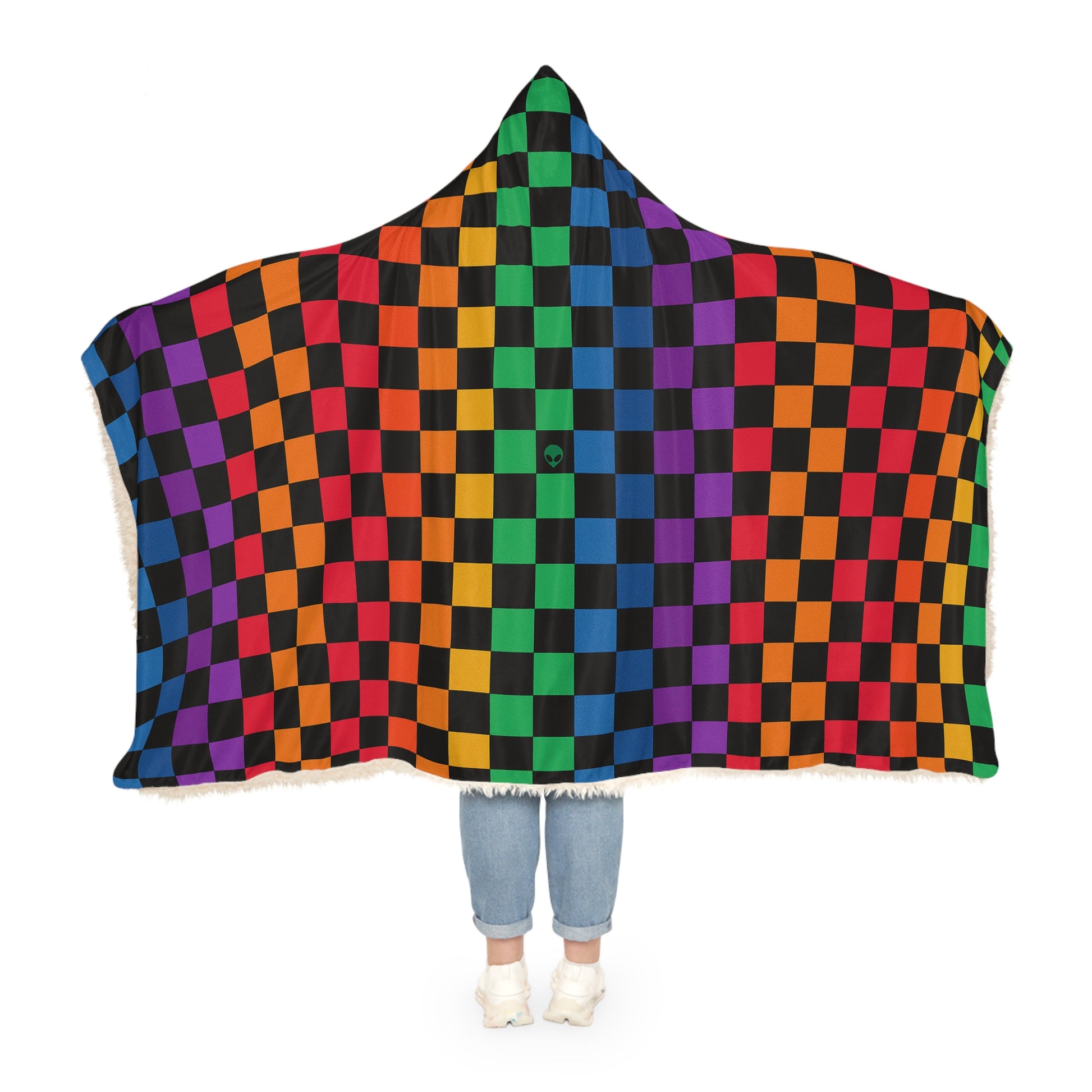 🪩 Neon Check Hooded Festival Blanket – Microfleece or Sherpa