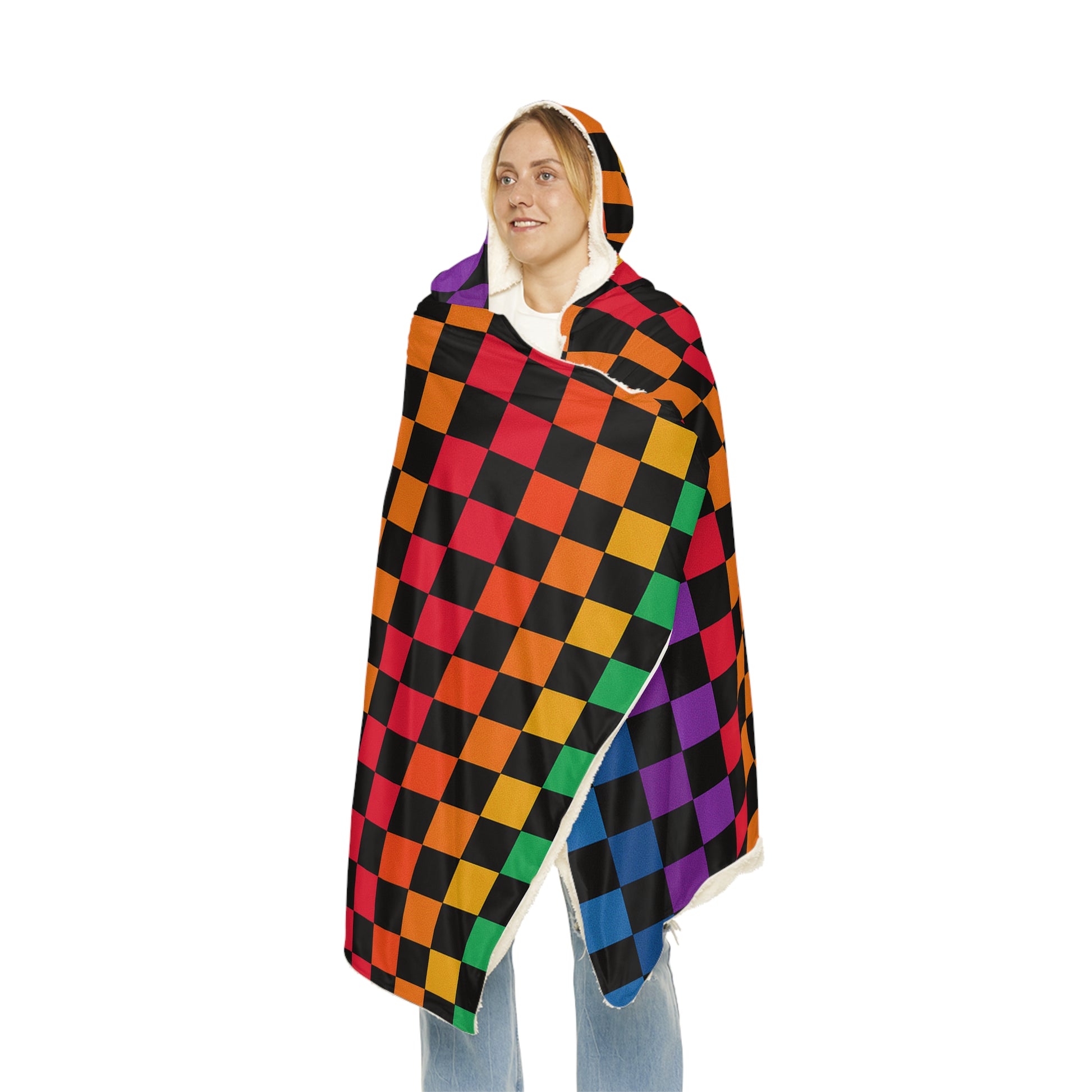 🪩 Neon Check Hooded Festival Blanket – Microfleece or Sherpa