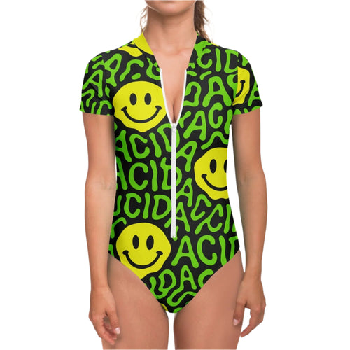 AC!D Smiley Zip-Up Rave Bodysuit – Short Sleeve UV Bodysuit